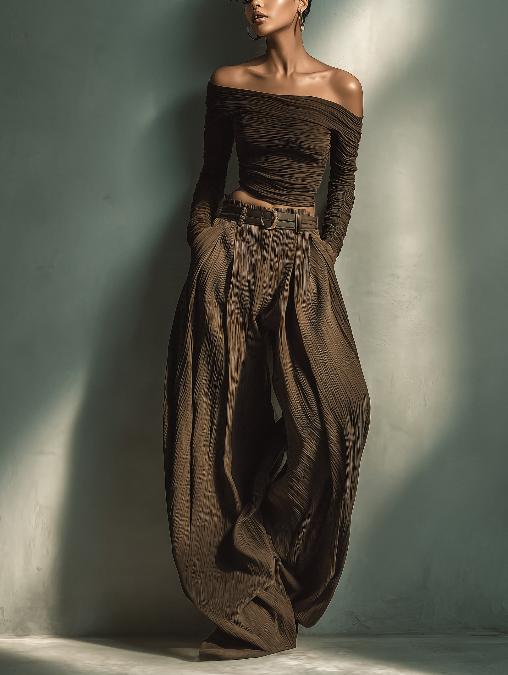 Women's Fashionable And Sexy Dark Brown Off-the-shoulder Long-sleeved Fitted Top Paired With Matching Wide-leg Trousers (belt Not Included) MDA1455K9AN