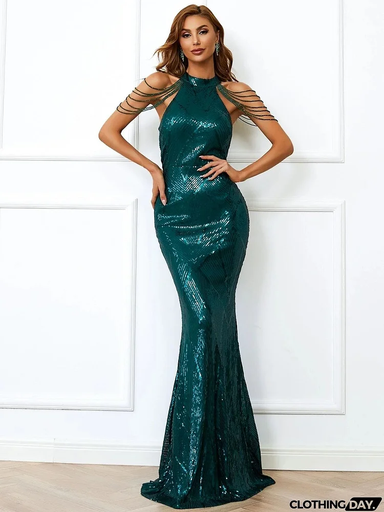 Cold Shoulder Beads Chain Elegant Sequin Prom Dress M01081