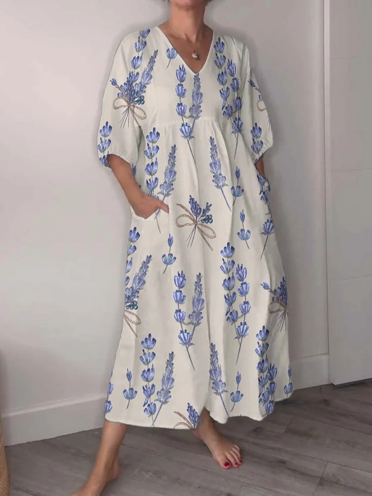 Blue Purple Lavender Decorative Pattern Pocket V-neck Cotton Dress