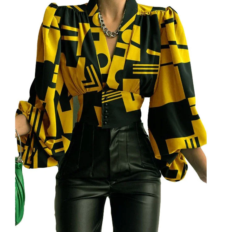 Brownm Elegant Leisure Button V-neck Lantern Sleeve Top Shirt