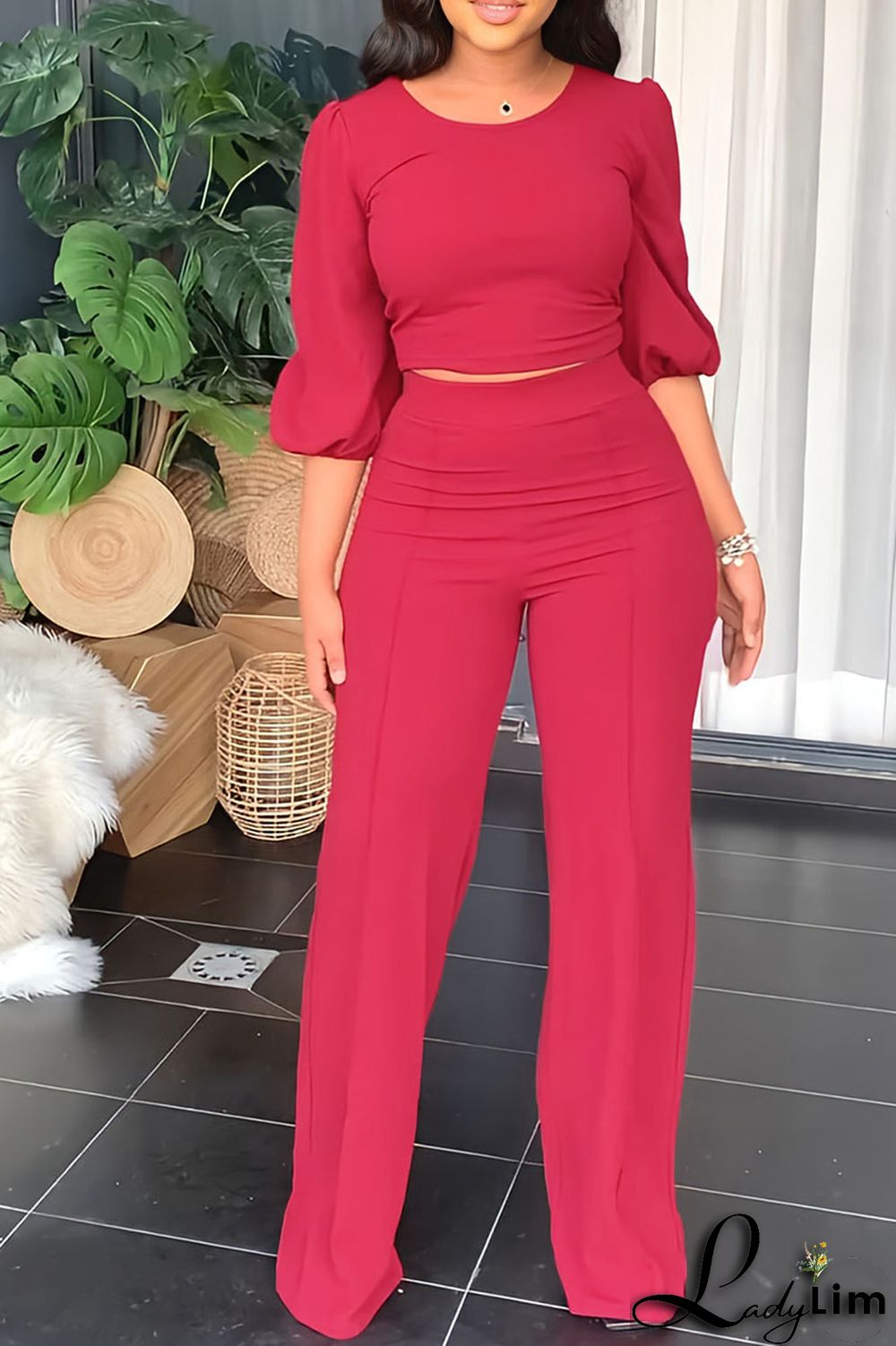 Red Casual Solid Split Joint O Neck Half Sleeve Two Pieces