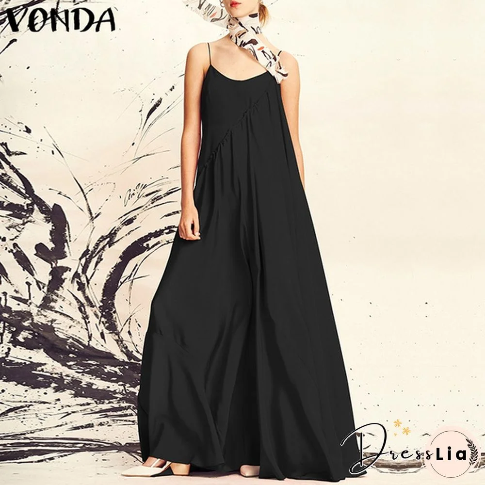 Women Sleeveless Solid Color Straps Maxi Dress Oversized Summer Holiday Beach Sundress