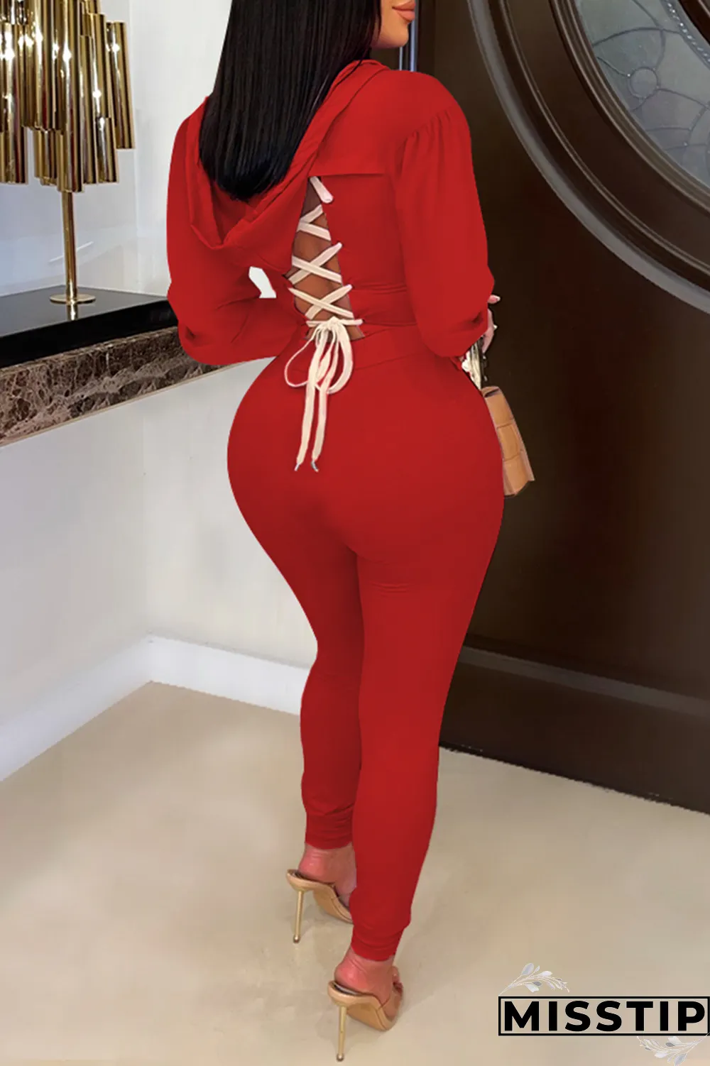 Orange Casual Solid Draw String O Neck Long Sleeve Two Pieces