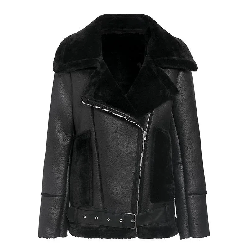 Female winter leather jacket Elegant pockets belt faux suede coat Streetwear lapel black motorcycle jacket women