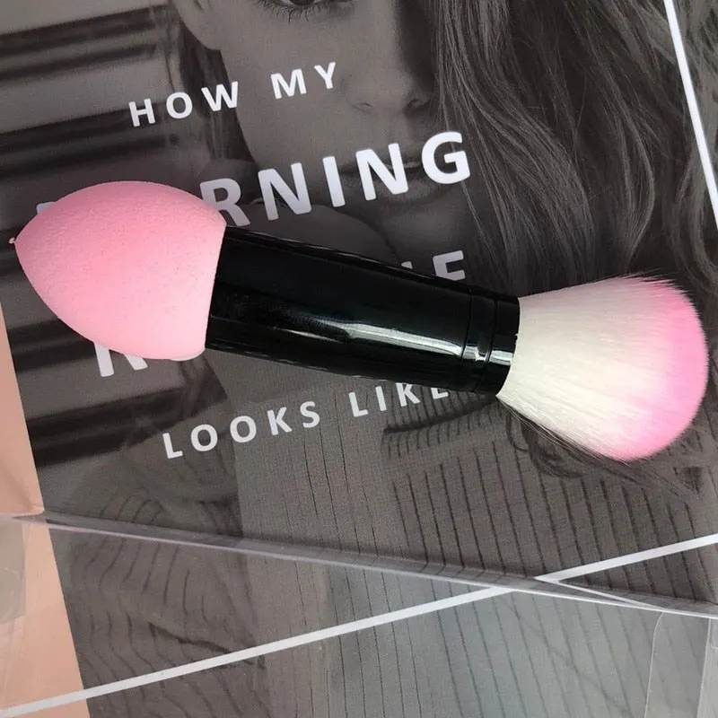 1pc Professional Blush Brush Soft Nylon Hair Make Up Brushes Two Head Metal Handle Blusher Cosmetic Tools with Foundation Sponge