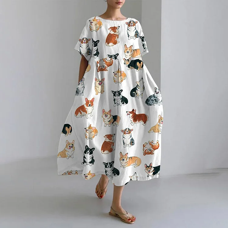 Women's Corgi Print Casual Linen Blend Maxi Dress