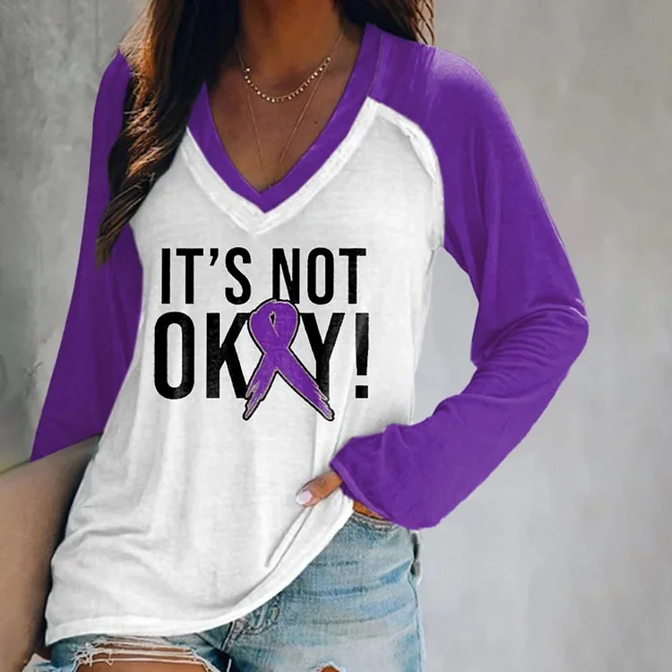 Wearshes V Neck It's Not Okay Domestic Violence Awareness Print T-Shirt