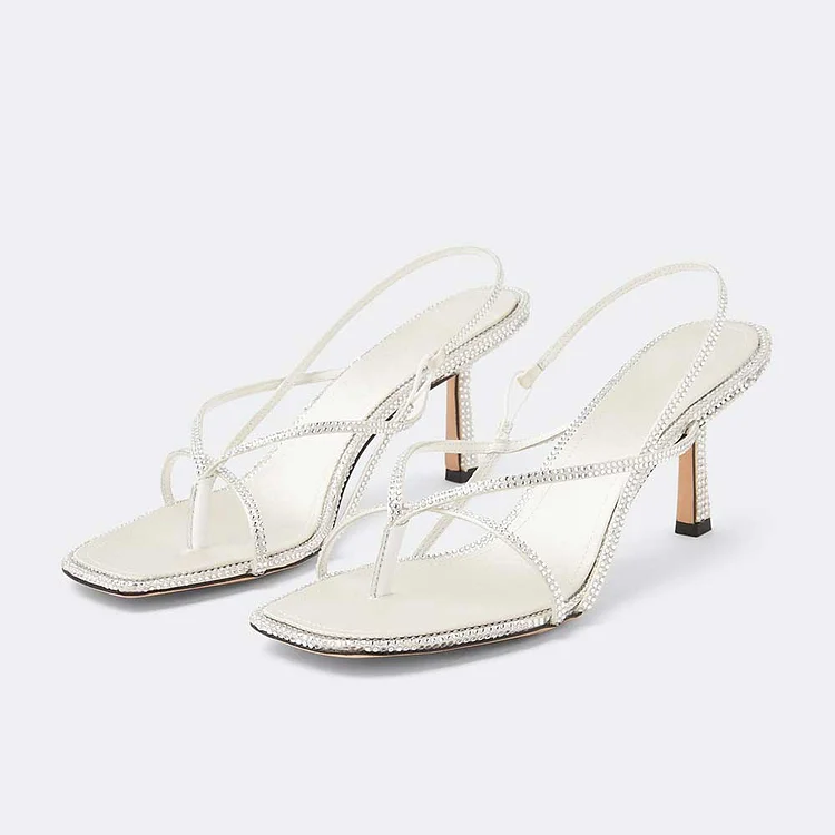 White Satin Rhinestone Embellished Strappy Slingback Heeled Sandals |FSJ Shoes