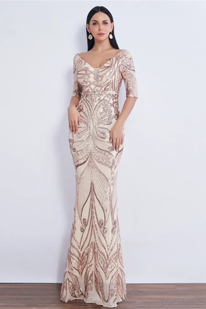 Modern Half Sleeve Sequins Prom Dress Mermaid Long Evening Gowns Online - lulusllly