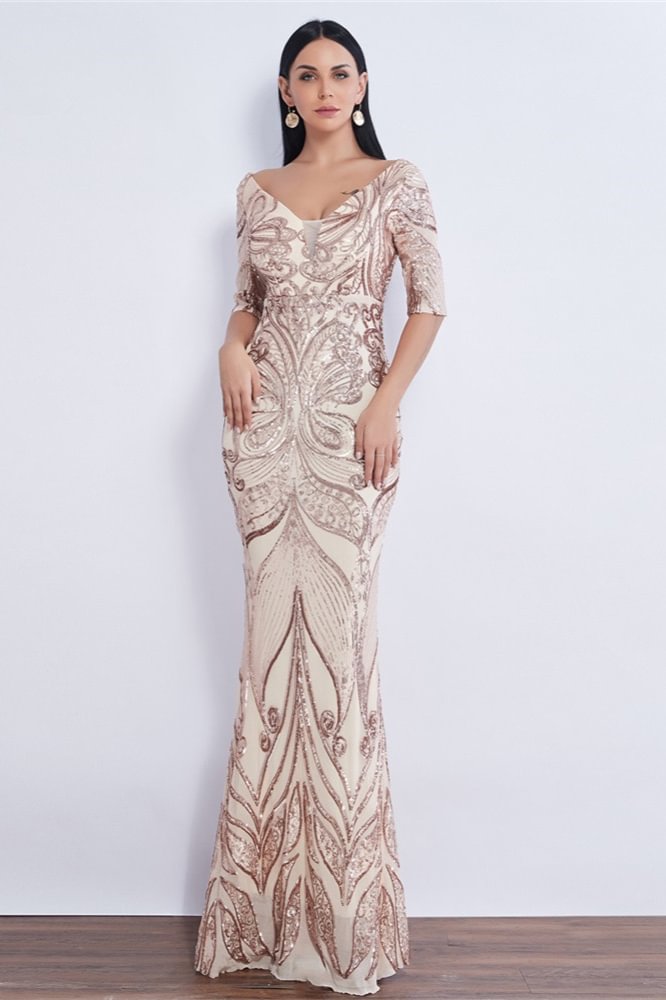 Modern Half Sleeve Sequins Prom Dress Mermaid Long Evening Gowns Online - lulusllly