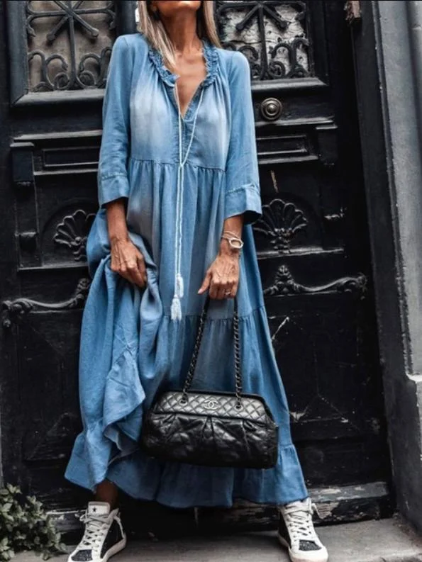 Women's V-neck Long Sleeve Denim Maxi Dress