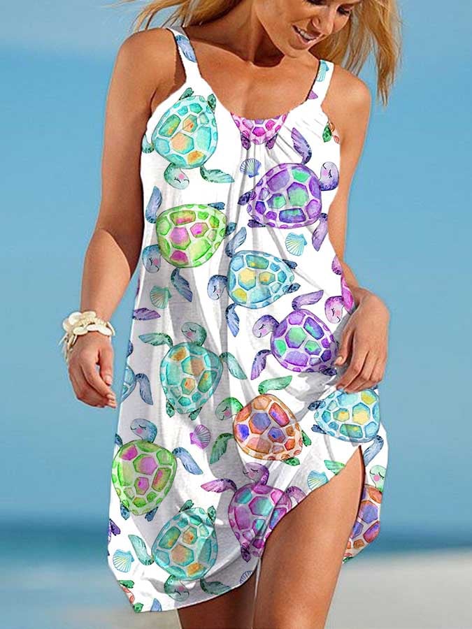 Vacation Watercolor Sea Turtle Print Slip Dress