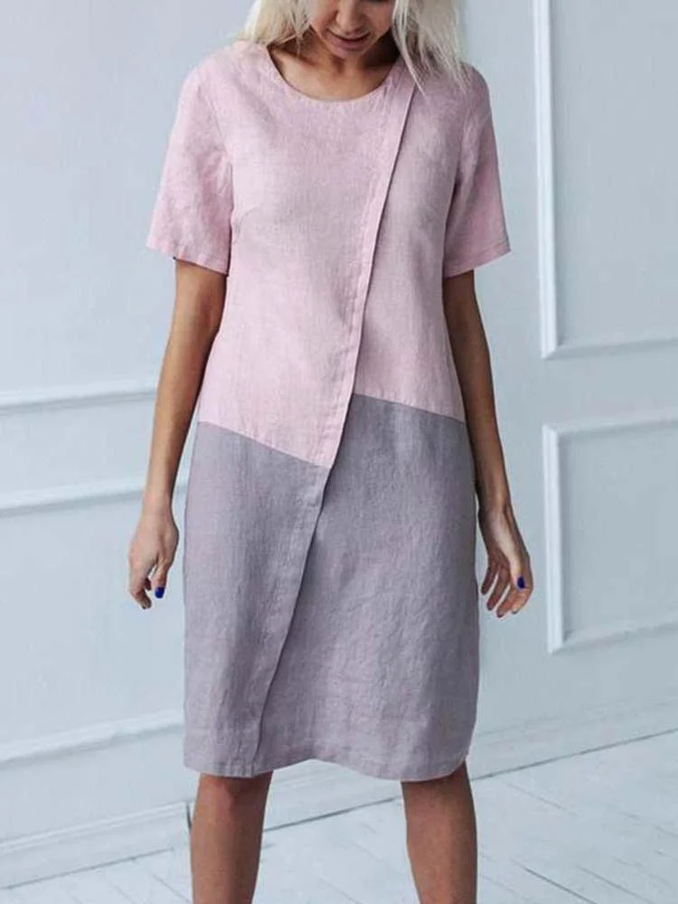 Women's Bohemian Color Block Cotton and Linen Dress-Mayoulove