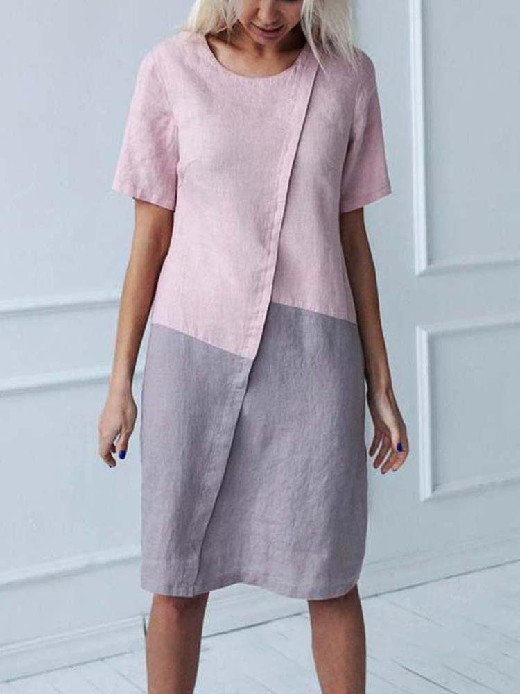 Women's Bohemian Color Block Cotton and Linen Dress-Mayoulove