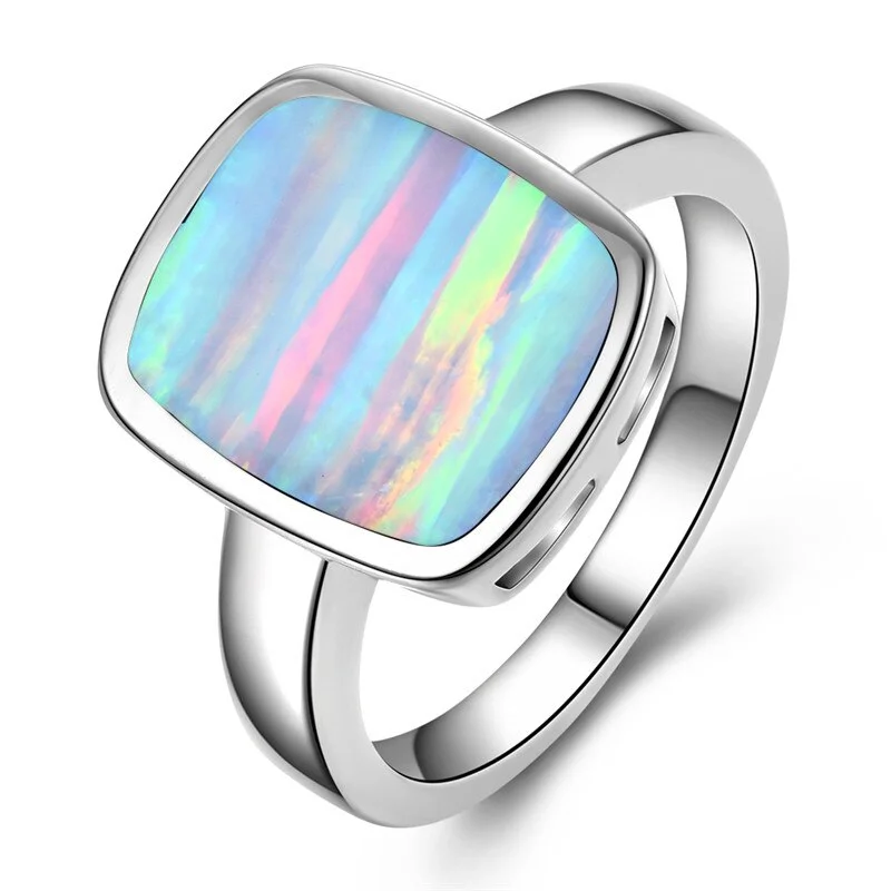 Boho Men Women Big Stone Ring Blue White Fire Opal Ring Silver Color Wedding Band Jewelry Promise Engagement Ring