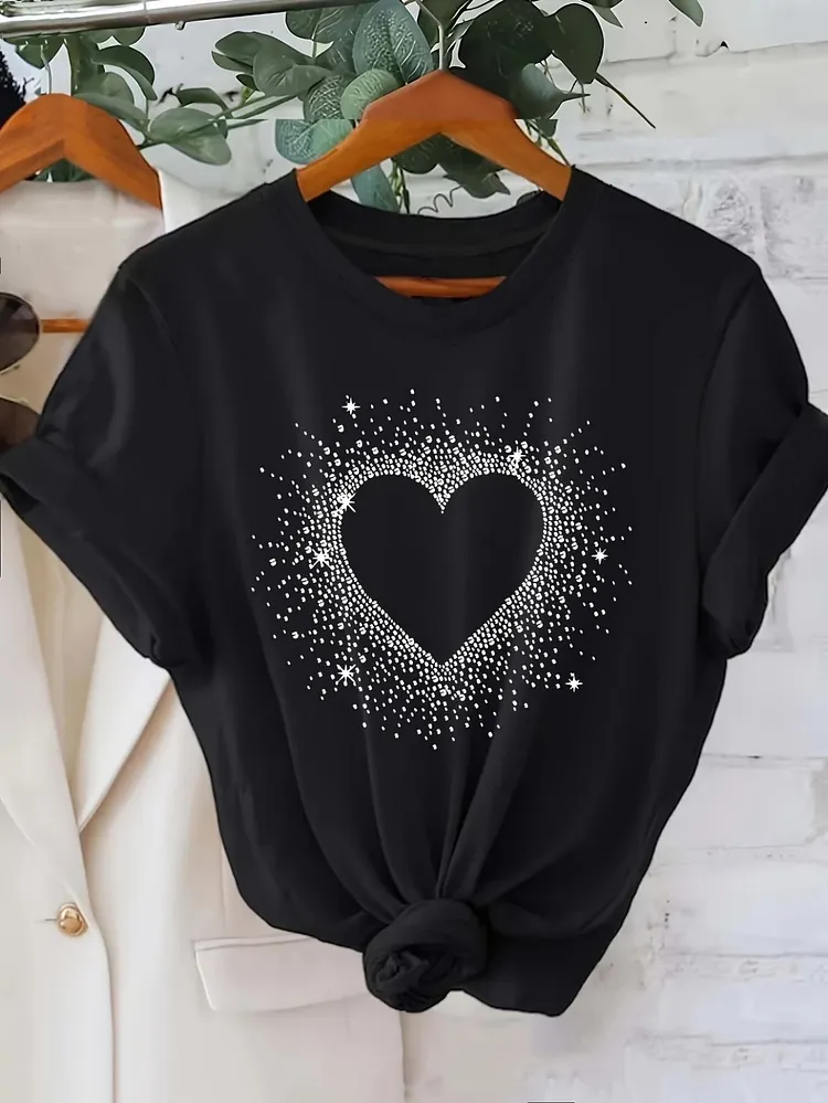 Womens Light Blue Cotton T-Shirt With Black Heart Dot Graphic Print Relaxed Fit Short