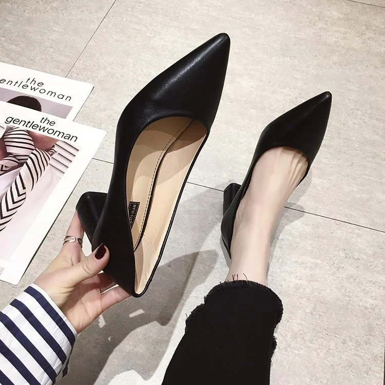 Wongn Wongn Version Of Spring Autumn New Thick Heel Single Shoes Female Pointed Head Shallow Mouth Temperament Professional Pure Color High Heels Female Fashion Ladle Shoes