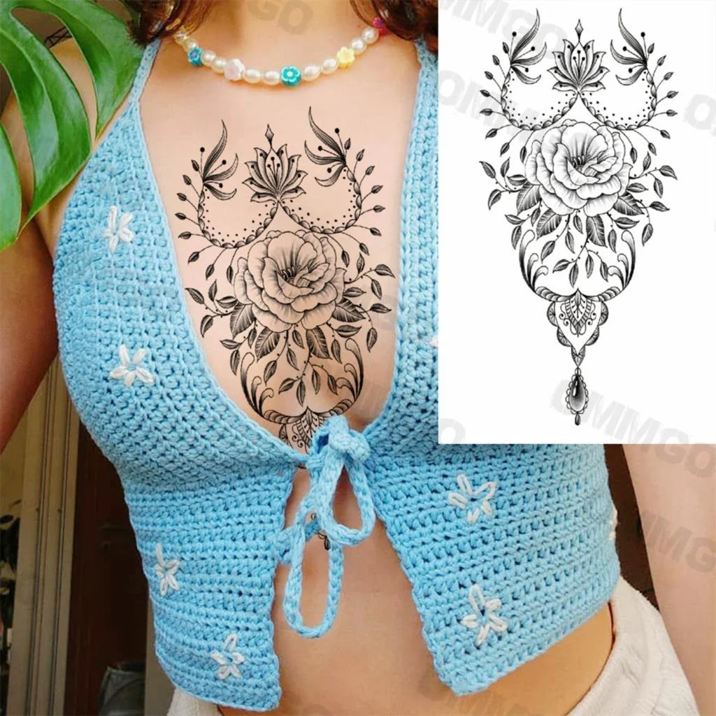 Sdrawing Rose Flower Skeleton Temporary Tattoos For Women Adult Girl Lion Tiger Crown Fake Tattoo Body Art Painting Tatoo Decal