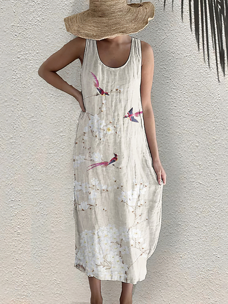 Comstylish Floral Print Sleeveless Linen Blend Midi Dress