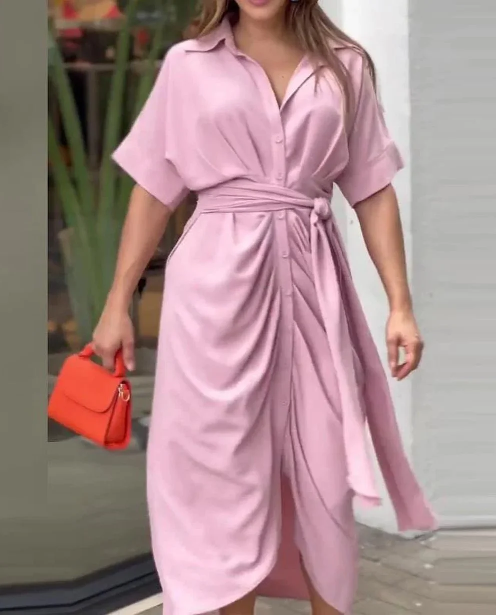 Nigikala Nigikala Summer Single Buckle Long Shirt Women's Printed Short-Sleeved Dress