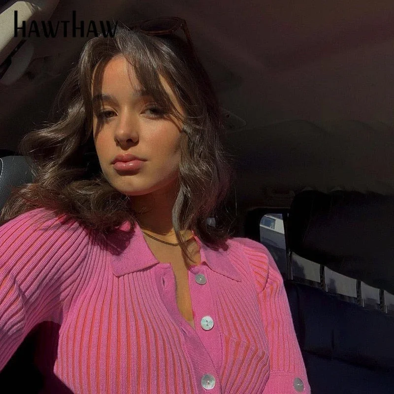 Hawthaw Women Autumn Winter Long Sleeve Knitted Pink T Shirt Crop Tops Топ Женский 2021 Fall Clothes Wholesale Items Haut Femme