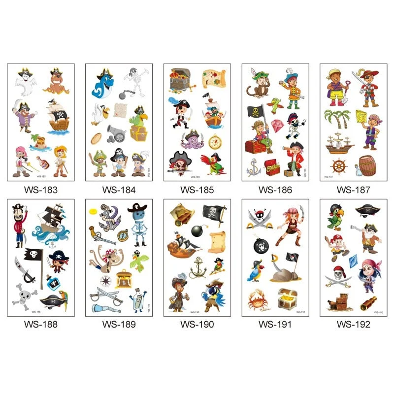 10pcs/set Cartoon Pirates Temporary Tattoo Pirate Ship Parrot Children Body Sticker Disposable tatouage temporaire Gift For Kids