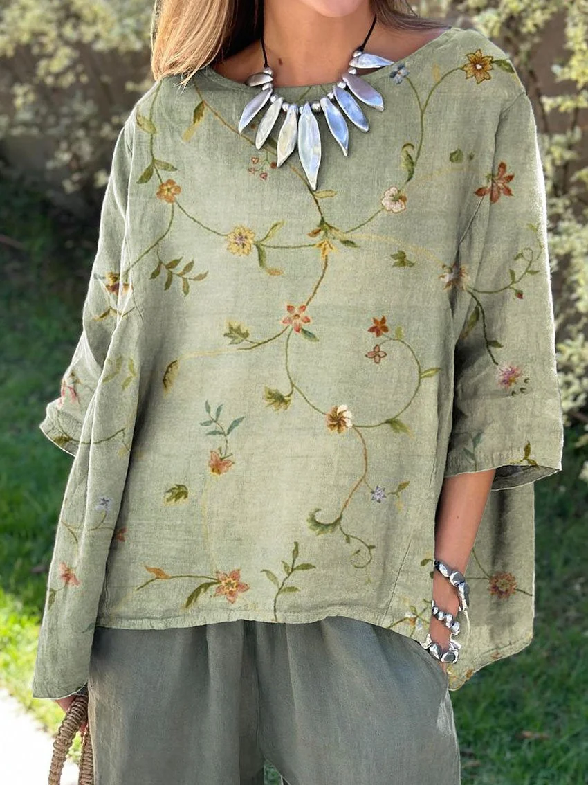 Women's Retro Elegant Floral Art Print Casual Cotton And Linen Shirt