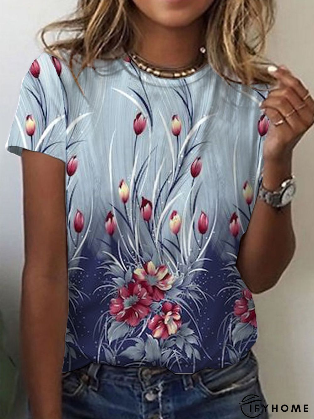 Crew Neck Floral Short Sleeve Holiday T-shirt | IFYHOME