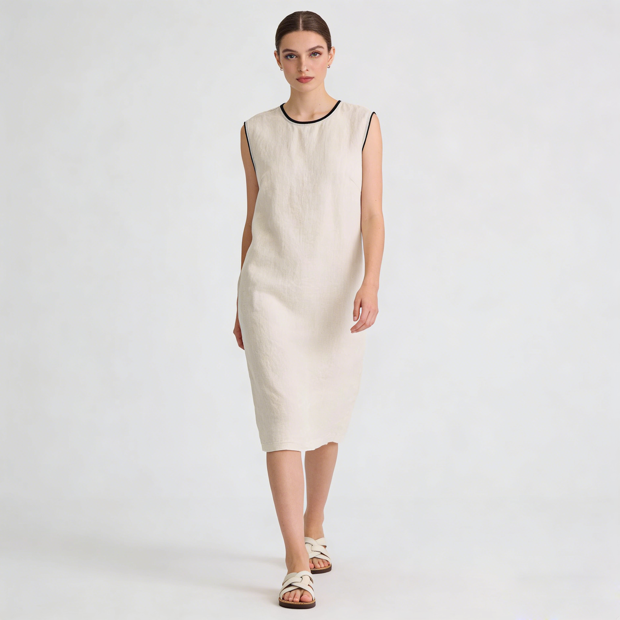 Linen Shift Dress Women 100% Linen Sleeveless Plaid Midi Dress REAL SILK LIFE