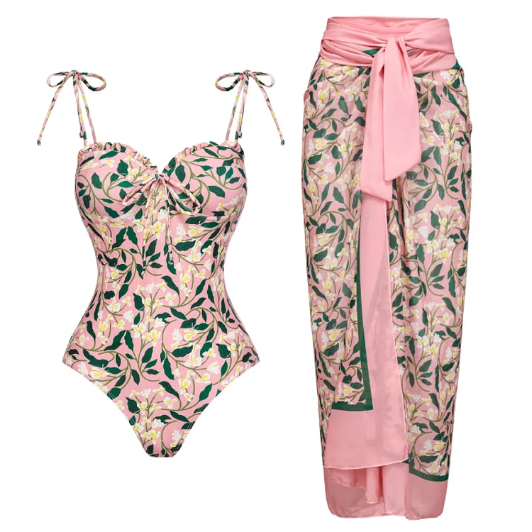 Flaxmaker Bowknot Tie-shoulder Floral Printed One Piece Swimsuit and Sarong