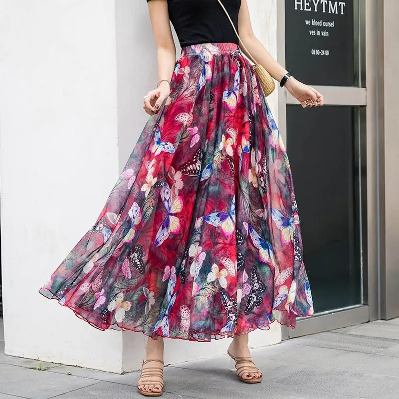 Women Skirts 2019 Summer Mesh Flower Print Elastic Waist Bohemian A-Line Sweet Chiffon Long Female Bottoms Ladies Casual Skirt