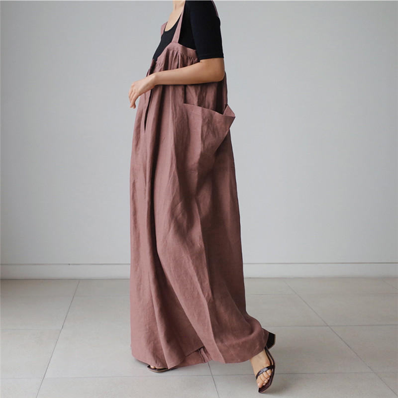 Loose Solid Color Cotton-Linen Wide Leg Jumpsuit