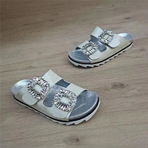 Female Shoes Slippers Casual Summer Clogs Woman Fringe Low Glitter Slides 2021 Luxury Genuine Leather Beach Jelly Crystal Fashio
