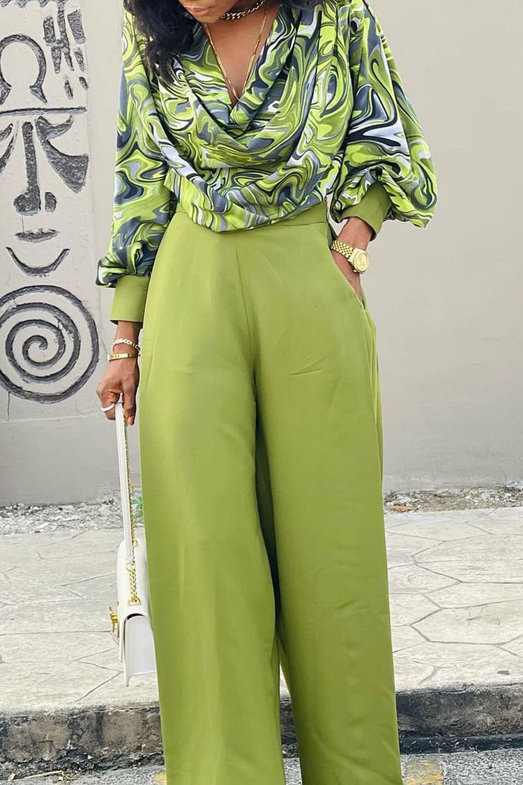 Plus Size Green Daily All Over Print Lantern Sleeve Wide Leg Two Piece Pant Sets [Pre-Order]