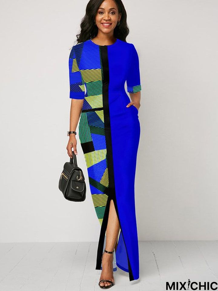 Fashion Short Sleeve Printed Dress Stitching Pocket Slit Skirt