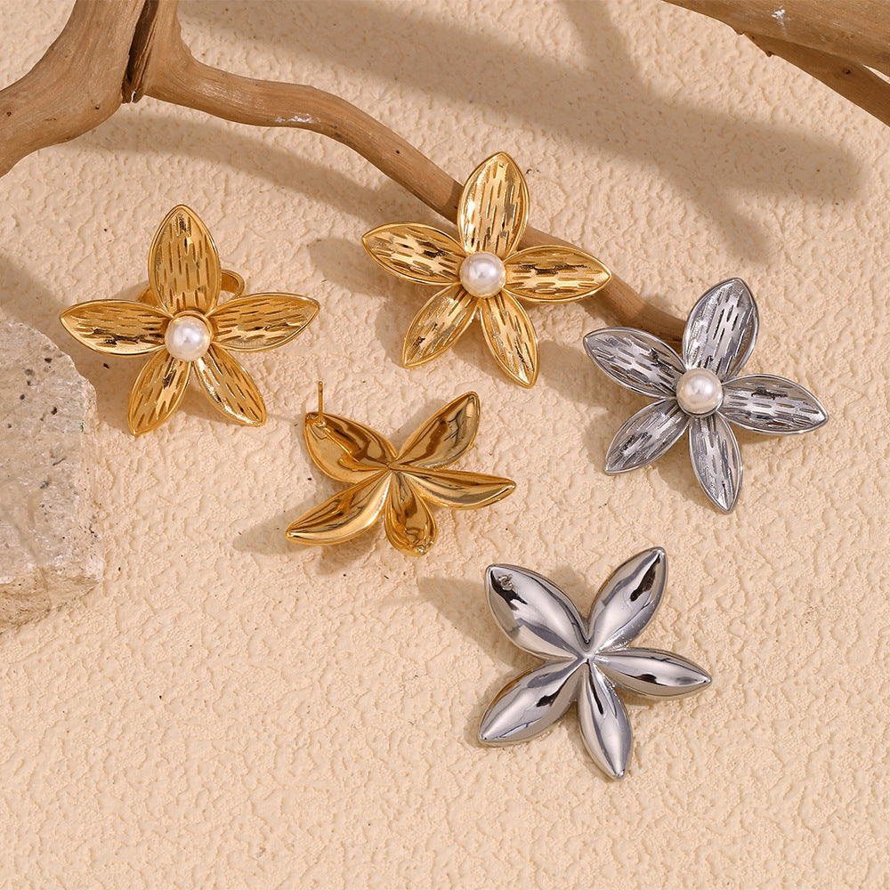 Vintage Earrings Stainless Steel 18K Gold Plated Frangipani Pearl Flower Ring For Women