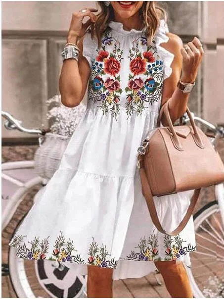 Women Sleeveless Scoop Neck Floral Printed Polka Dot Graphic Midi Dress