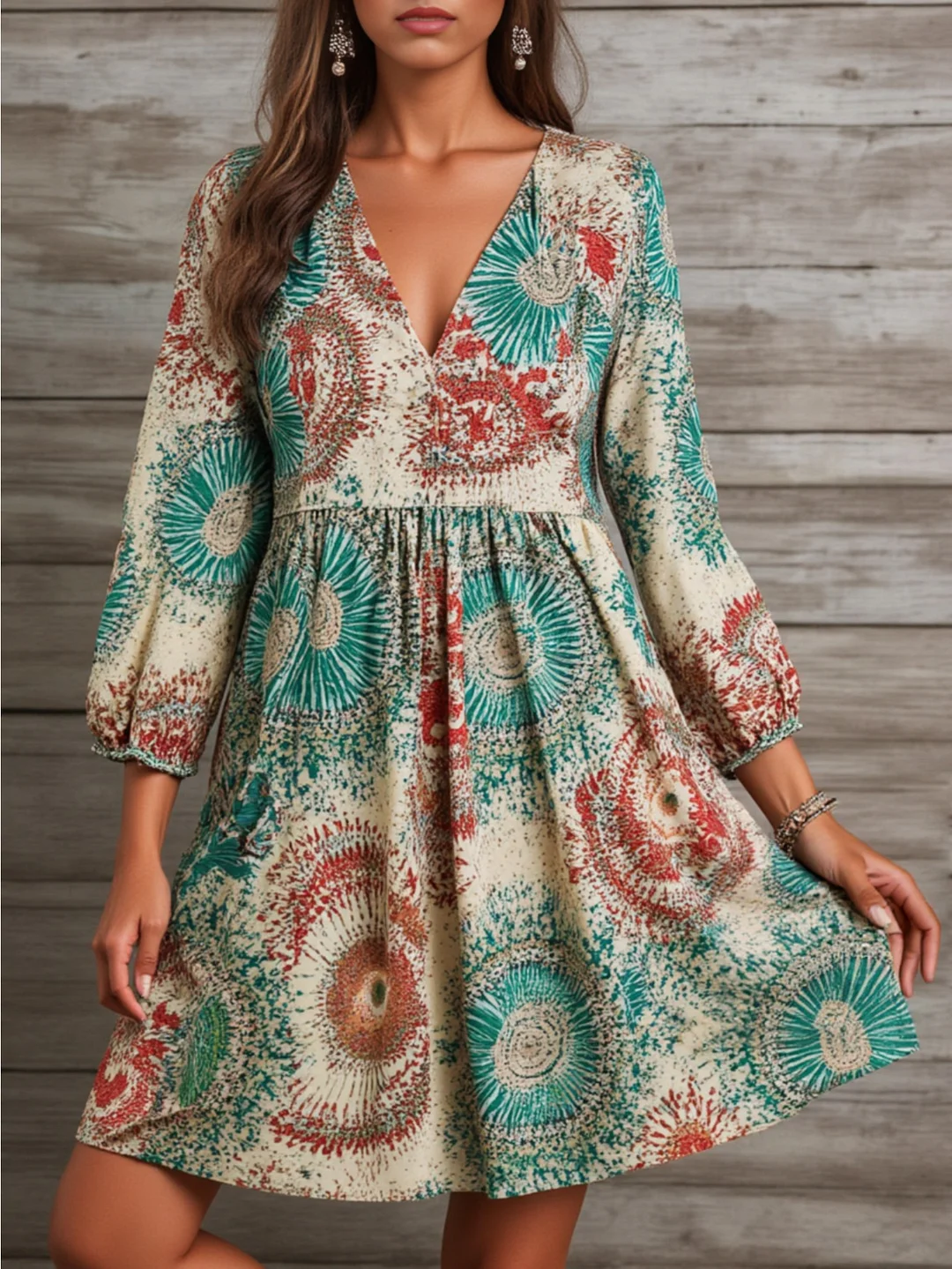 Women's Bohemian Style V-Neck Ruched Waist Maxi/Mini Dress - Vibrant Green, Orange, Brown, Beige & Golden Print Ethnic A-Line Dress With Short Sleeves For Spring Summer Fall Vacation, Beach Party, Festival & Casual Attire - Hand Washable, Fitted Cut | IFYHOME