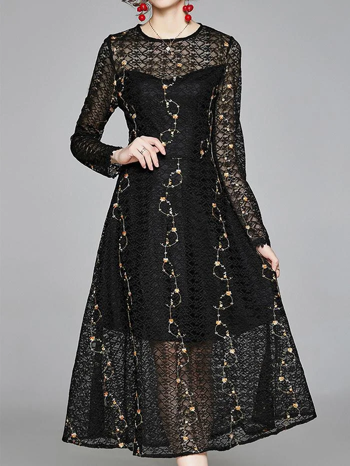 Fashion Embroidered Round Neck Lace Dress