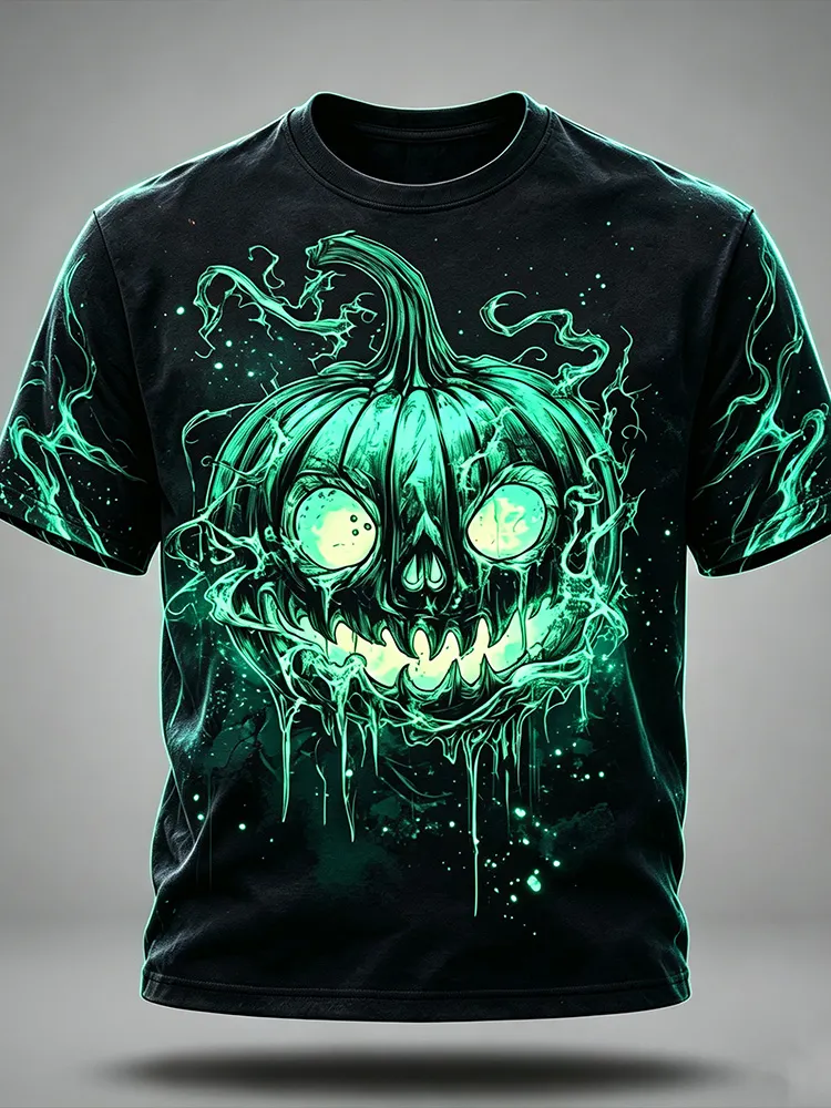 Halloween Spooky Fluorescent Green Horror Pumpkin Pattern Short-sleeve T-shirt