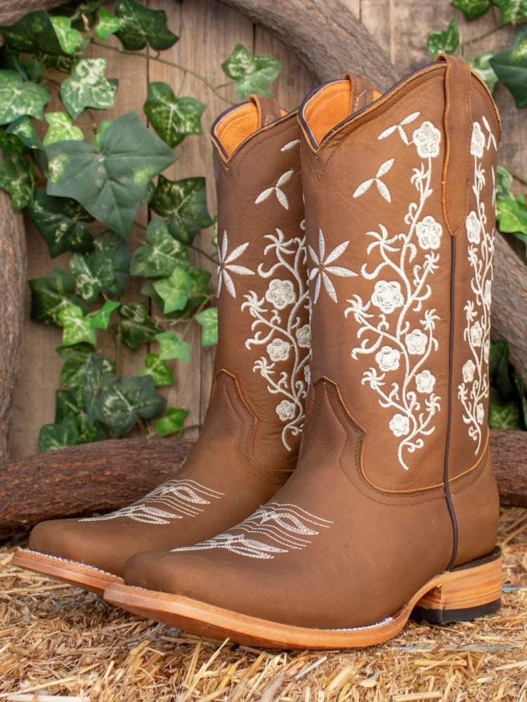 Tawny Women Mid Calf Cowboy Boots Embroidered Floral Square Toe Chunky Heel Western Boots