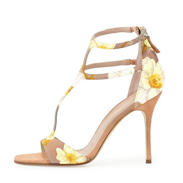 Peach Pink Floral T-Strap Stiletto Heel Sandals with Zipper Closure Vdcoo