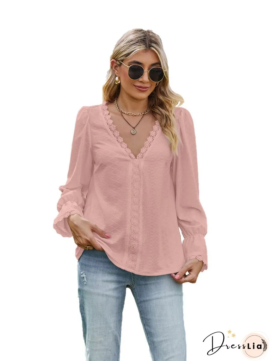 Women's Solid Color Pullover Stitching Lace Long-sleeved Blouses