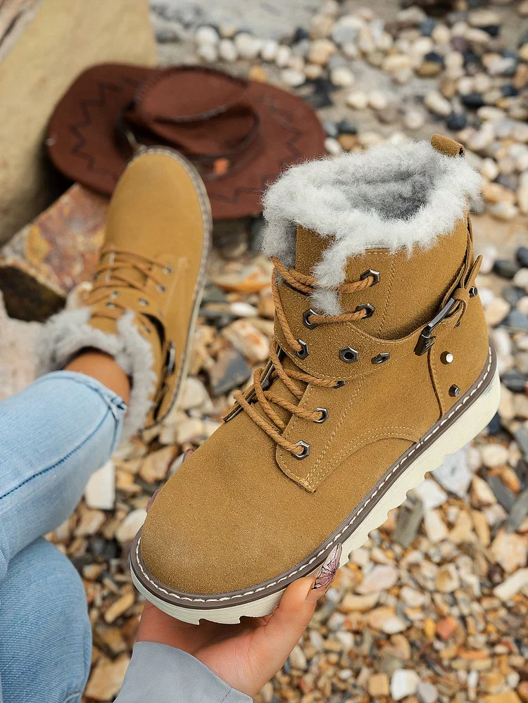  Autumn & Winter New Fashion Boots For Women, Faux Suede Warm Lining Snow Boots, Flat Non-Slip Thick Shaft Boots