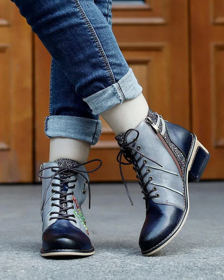 Women's Western Vintage Boots Color Block Leather Boots