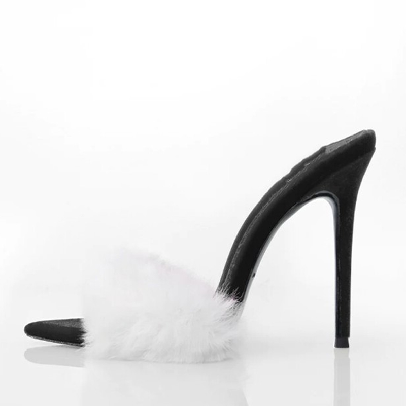 GOOSHOE Large Size 45 Women Sandals Dress Stiletto Shoes Thin High Heels Wide Fit Fluffy Fur Mules