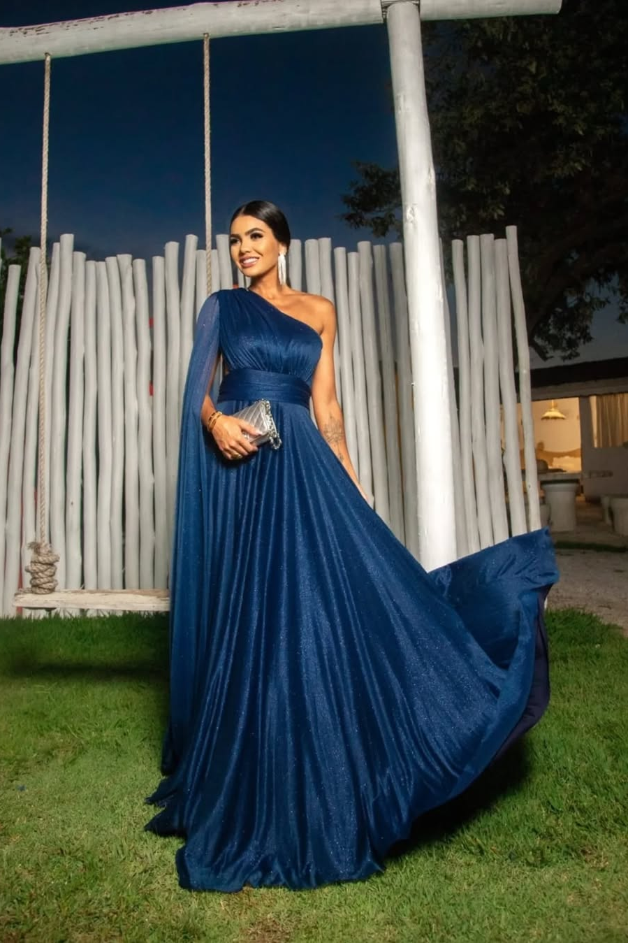 Miabel Stunning Dark Navy One Shoulder Sleeveless High Waist Long Pleated Prom Dress 