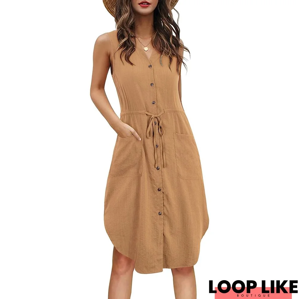 Women's Casual Sleeveless V-Neck Button Lace-Up Pocket Dress