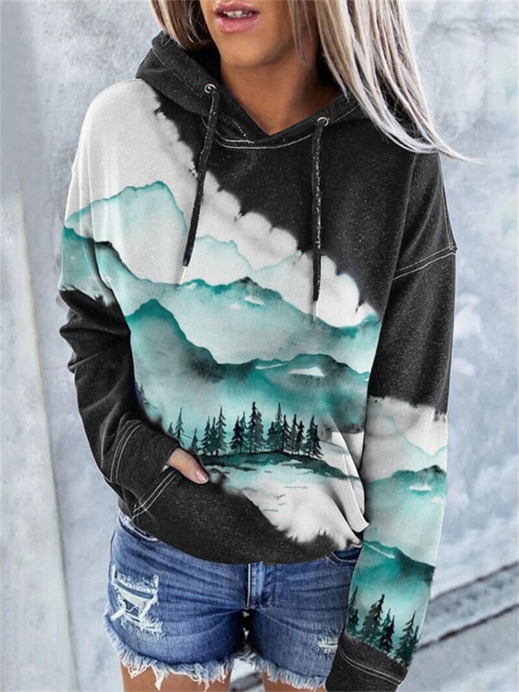 Vefave Mountains Lanscape Watercolor Tie Dye Hoodie