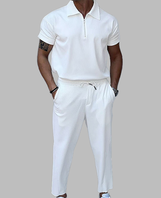 Business Casual Zipper Polo Shirt & Pants 2 Pcs Set